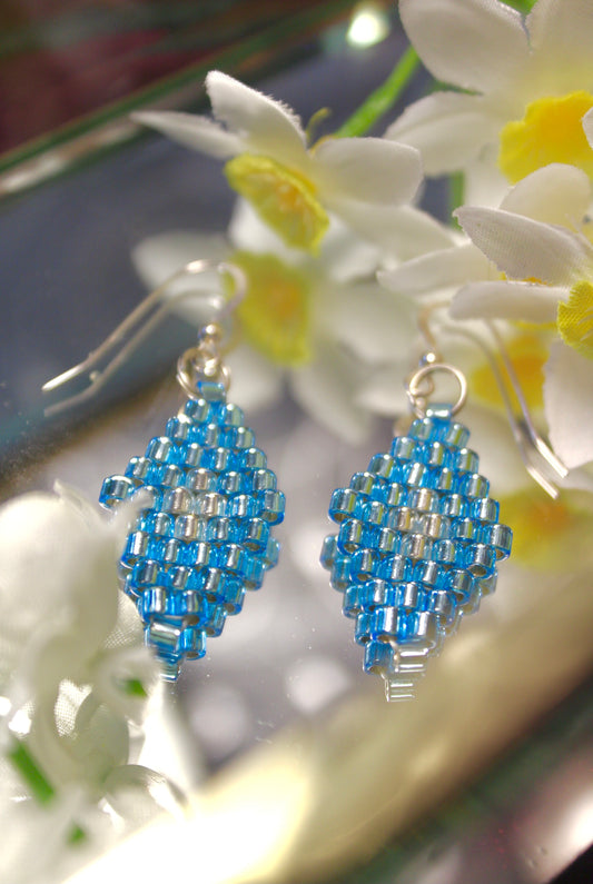 Crochet Beaded Earrings - Blue and Green Flats